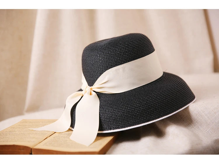 2024 Hepburn Sun Hat Women Summer Sunscreen Straw Hat Female Retro Bow French Elegant Hat Big Eaves Sunshade Beach Hat