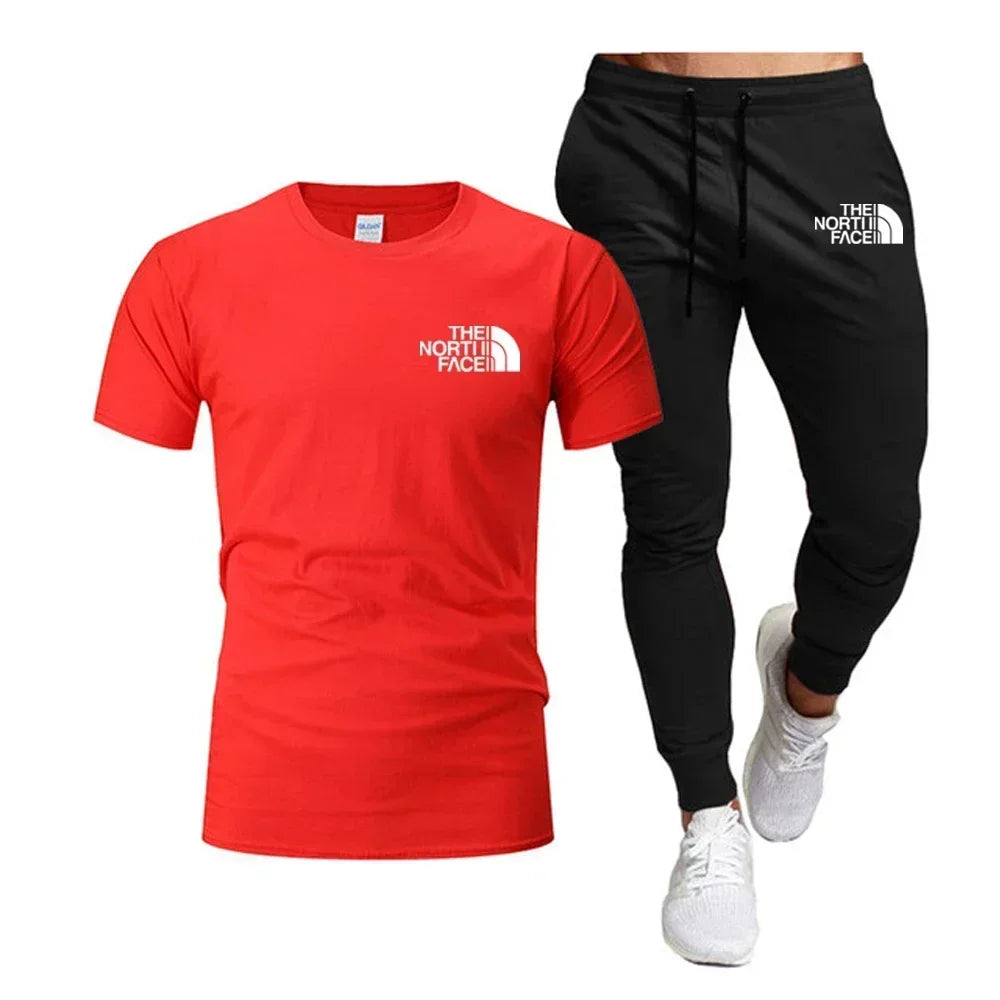 Summer 2025 Men Tops 100% Fashion Cotton Short Sleeve Long Sweatpants Streetwear 2 Piece Sets Men Clothing