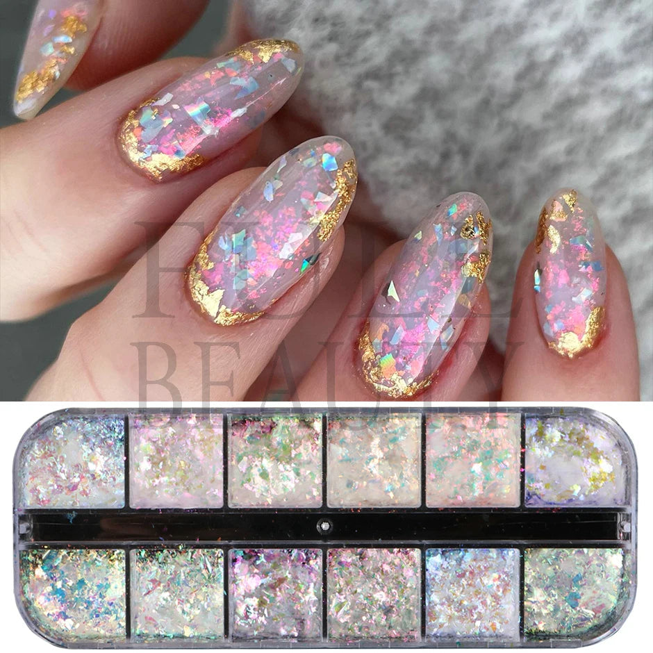 12 Grids Opal Dream Crystal Sequins Nail Flake Galaxy Iridescent Aurora 3D Paillette for Winter Autumn Manicure Decoration SWYFH Viralgem Store