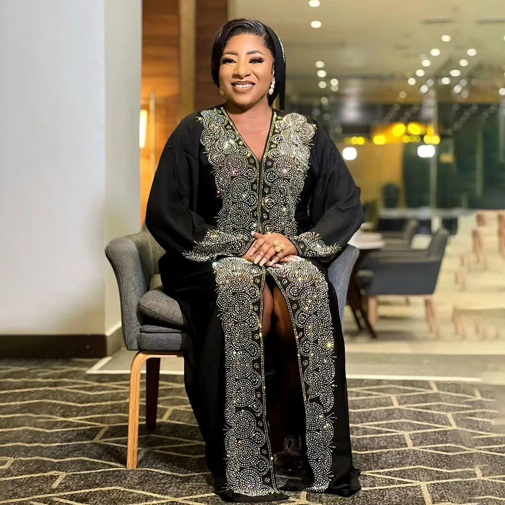 Africa women's dress luxury robe dress loose fashion V-neck diamond long sleeve Viralgem Store