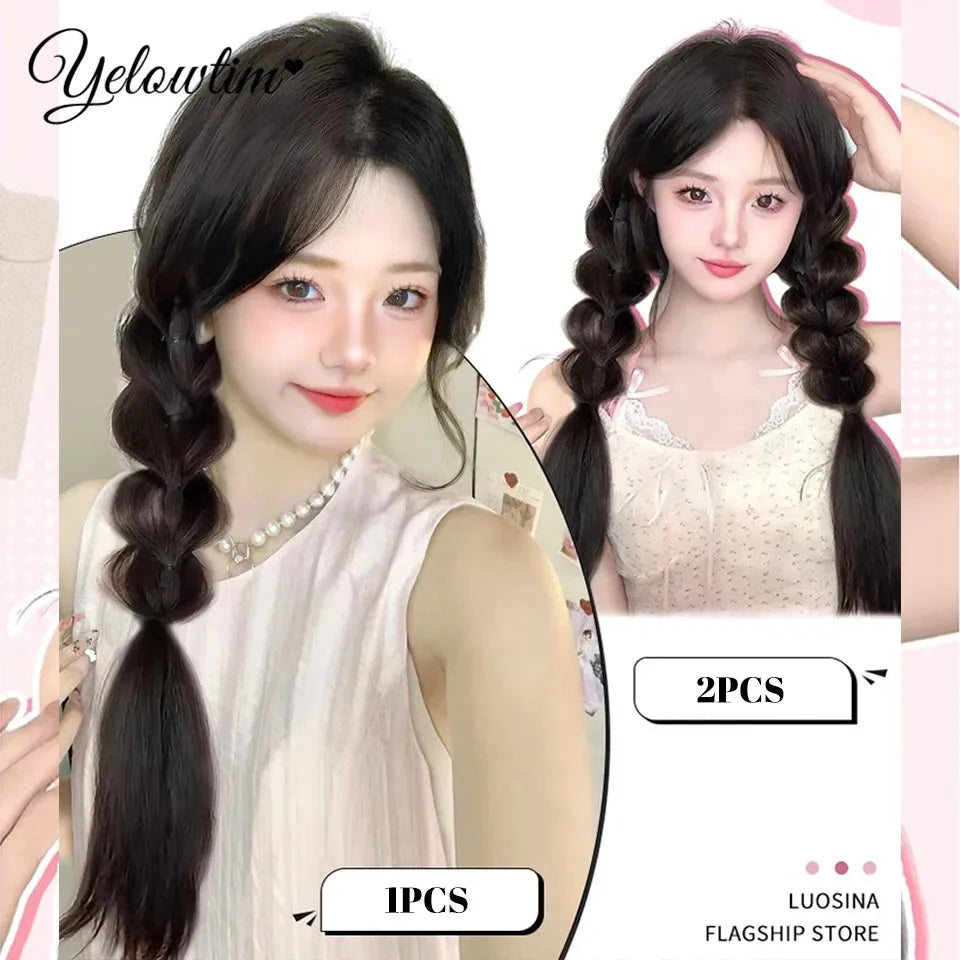 YELOWTIM Synthetic Long Claw Clip On Bow Braid Ponytail Hair Extensions Heat Resistant Pony Tail Hair piece For Women Daily Part