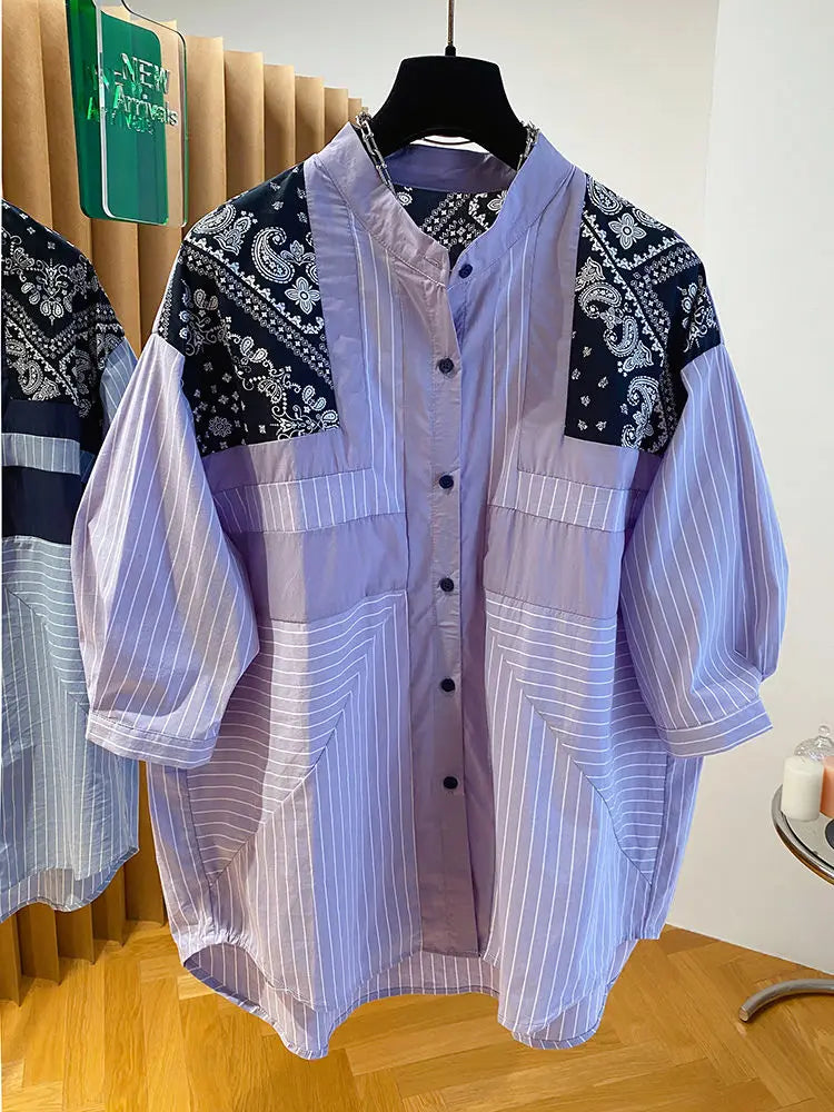 Striped Short-sleeved Shirt Women 2025 Summer Autumn New Stitching Printed Cotton and Linen Retro Loose Casual Blouses Top Freshlook Styles