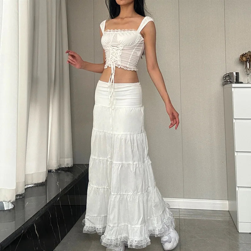 2 Piece Sets Lace Patchwork Beach Holiday Matching Set Outfits Sexy Summer Women Square Neck Crop Top and Long Skirt