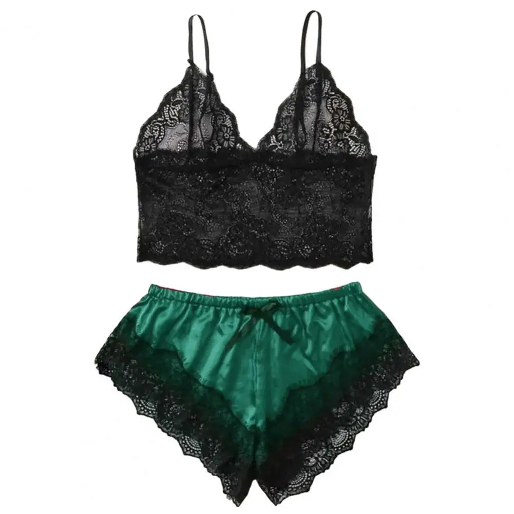 Spaghetti Strap Shorts Women Sleepwear Set Elastic Solid Color Female Camisole Shorts Lace Women Sleepwear Set Viralgem Store