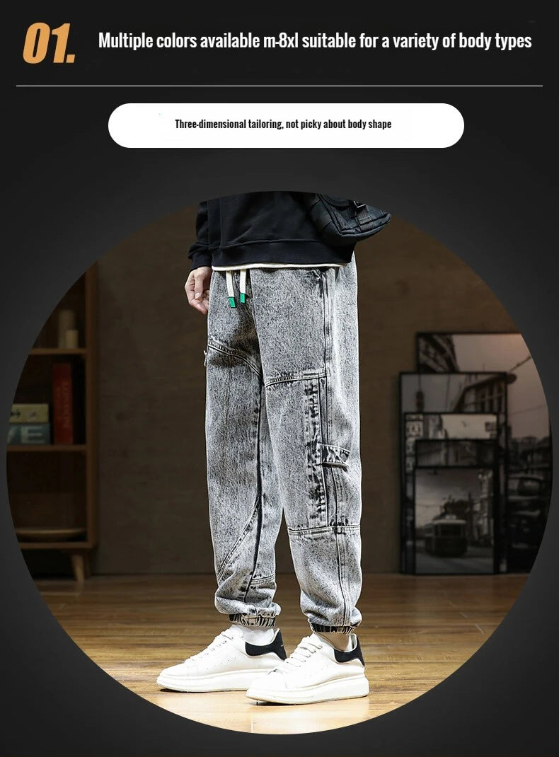 Spring Autumn Jean Men Elastic Waist Harem Hip-hop Denim Pant Male Street Fashion Big Size Loose Fit Baggy Jogger Cowboy Trouser