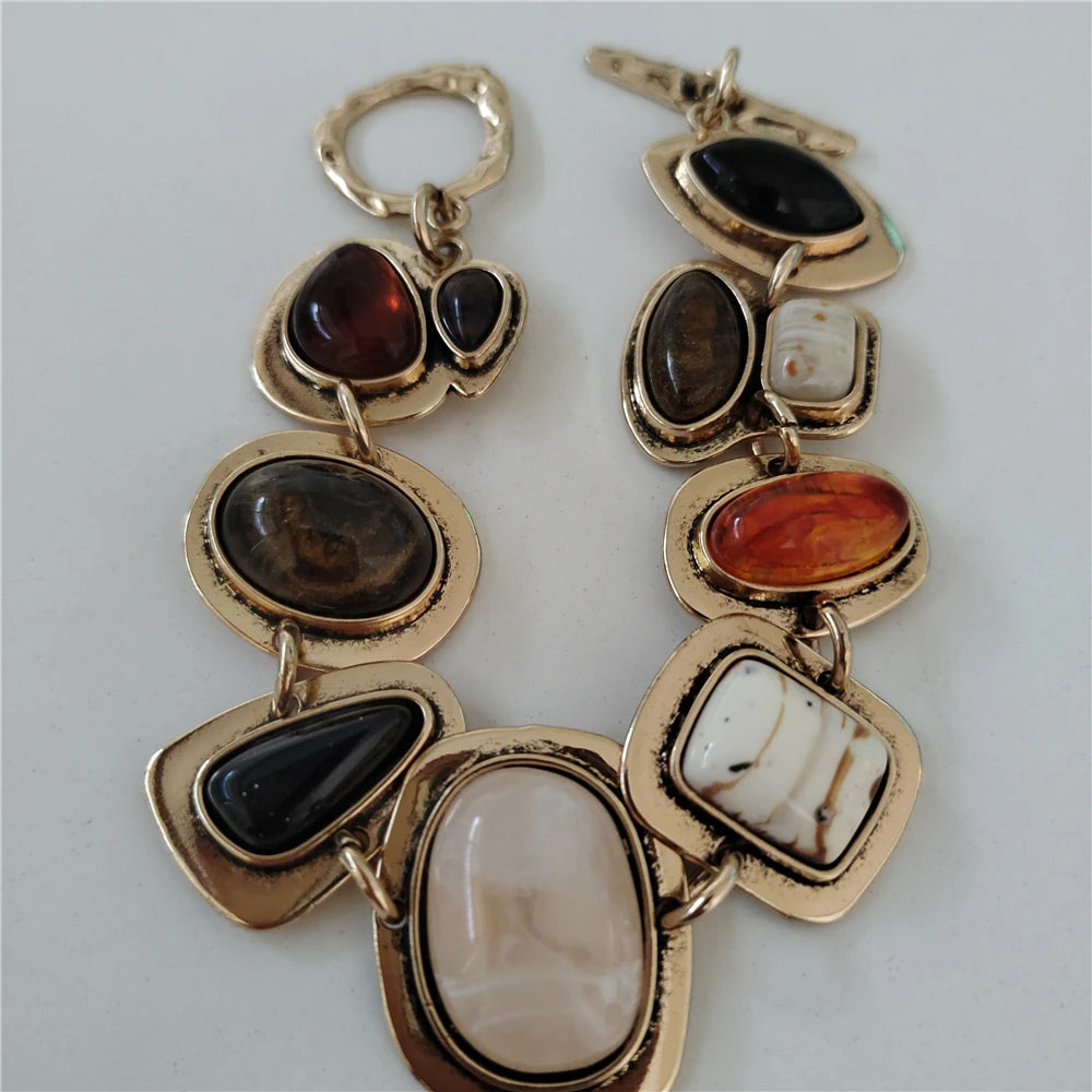 2025 New Indian Vintage Statement Resin Bracelets Women Boho Ethnic Gold Silver Plated Metal Links Charm Bracelets Jewelry