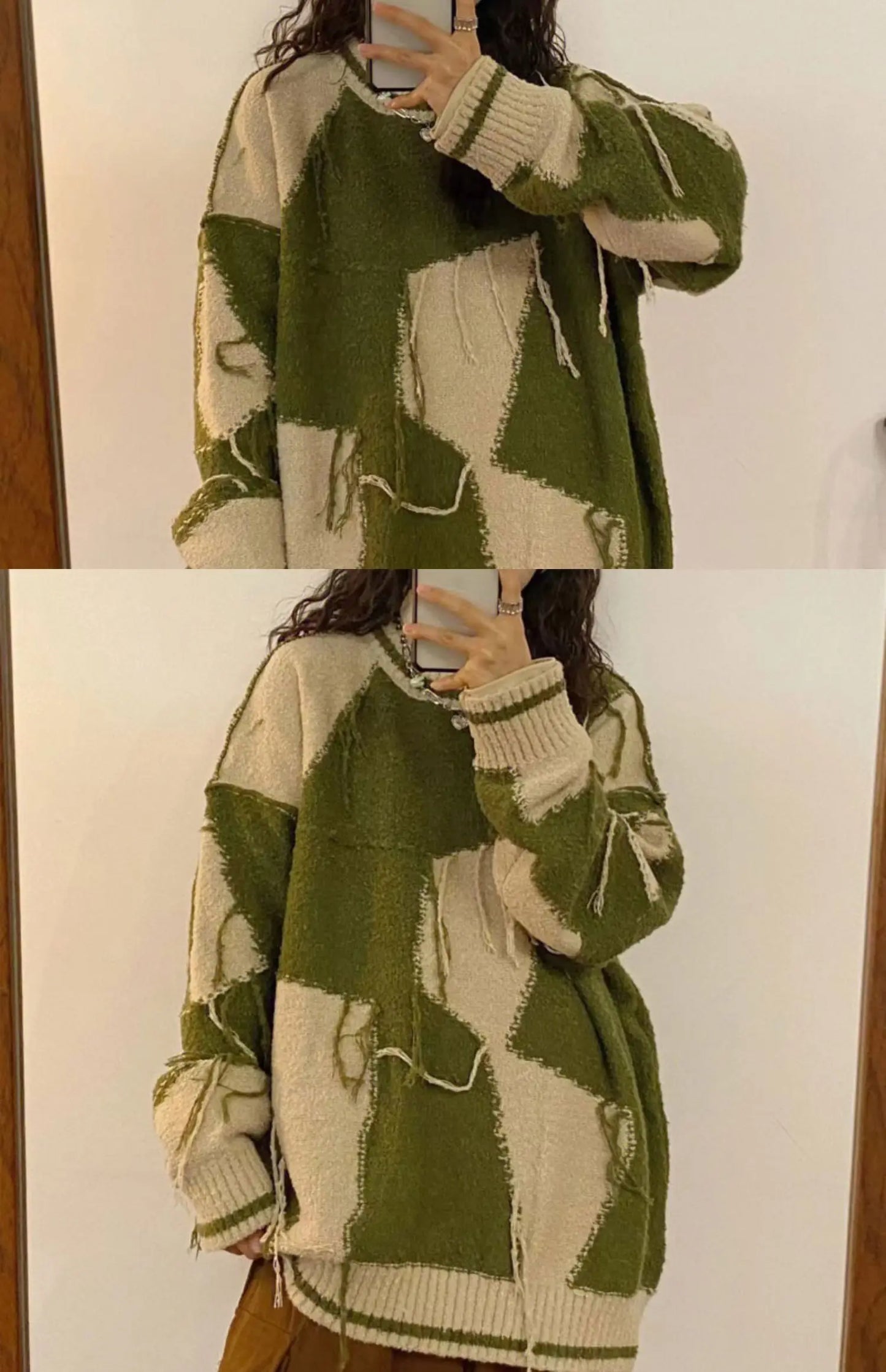 Women's Green Gothic Y2k Two-tone Knitted Sweater Harajuku Korean Y2k Long Sleeves Jumper Sweaters Vintage 2000s Clothes Autumn