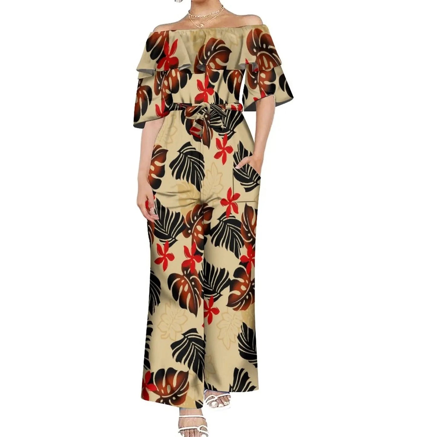 Drop Shipping Custom Polynesian Off Shoulder Frill Women One Piece Rompers Lace Up Oversized Jumpsuit With Belts Viralgem Store