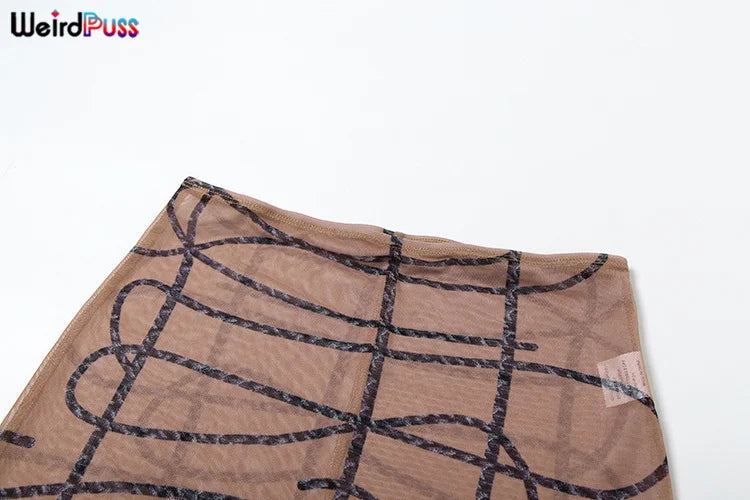 Weird Puss Stripe Print Sexy 2 Piece Set Women See Through Coquette Camisole+Long Skirts Midnight Clubwear Party Matching Suits Viralgem Store