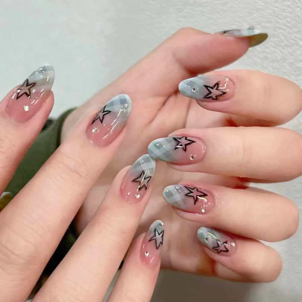 24pcs Gradient Black Pointed Nail Art Fake Nails Press On Nail Tips Artificial Nails Wearable Long Almond False Nails Finished