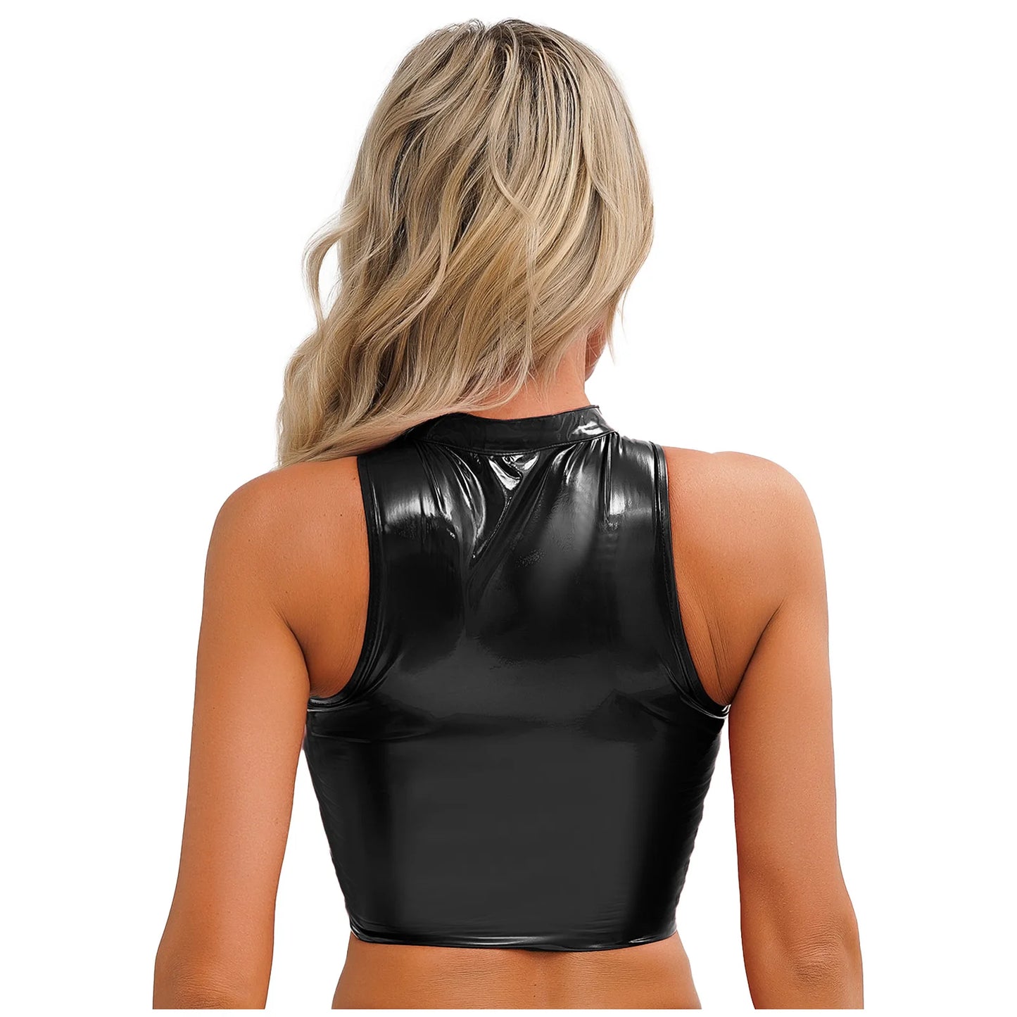 Women's Patent Leather Sleeveless Crop Tops Gothic Punk Corset Top Adjustable Round Neck Lace-up Vest Party Clothes Clubwear