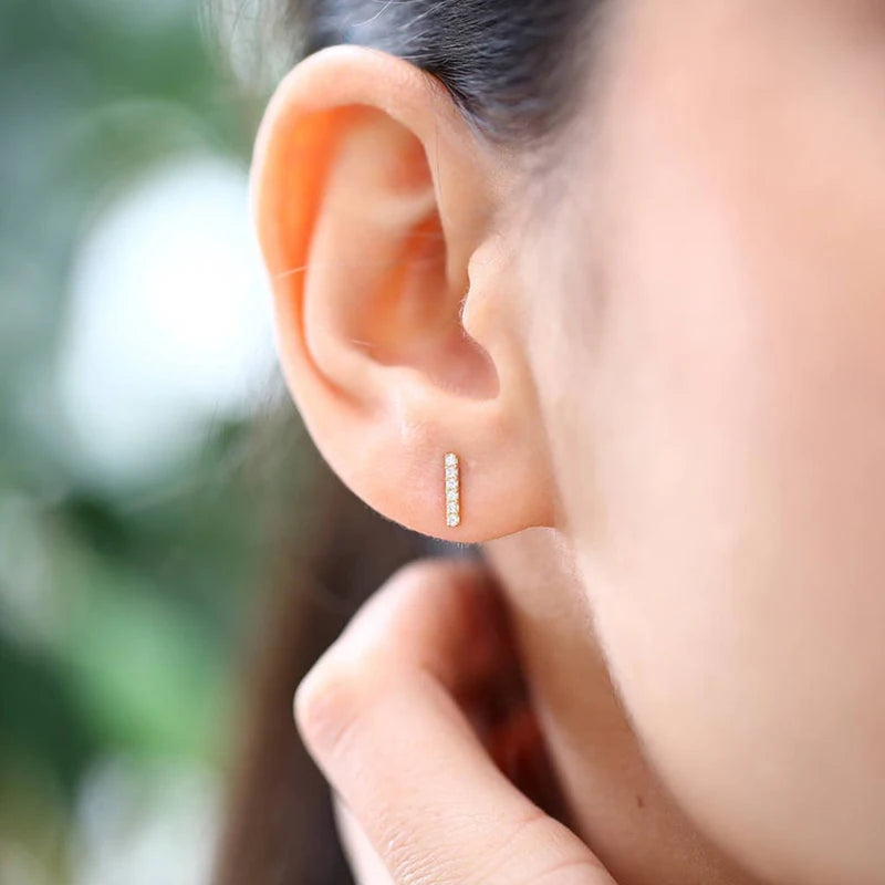 925 Sterling Silver Ear Needle Zirconia Minimalist Small Stud Earrings For Women Fashion Flat Bar Earrings Fine Jewelry Gifts