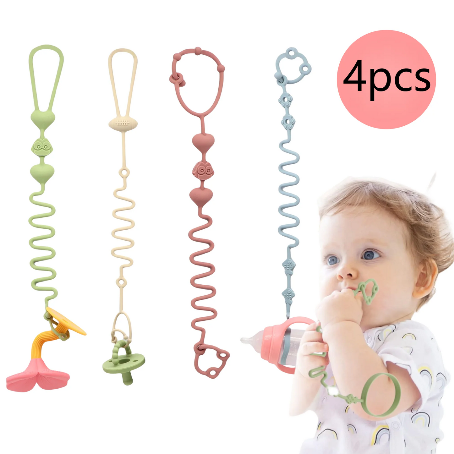 4pcs Adjustable Silicone Pacifier Chain, Teether Toys, Suitable for High Chair, Crib, Baby Gifts,beige