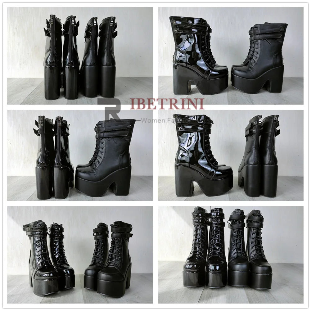 2023 Platform High Heel Cool Punk Fashion Women's High Quality Girls Goth Shoes Black Big Size 43 Cross-tied Casual Luxury Boots