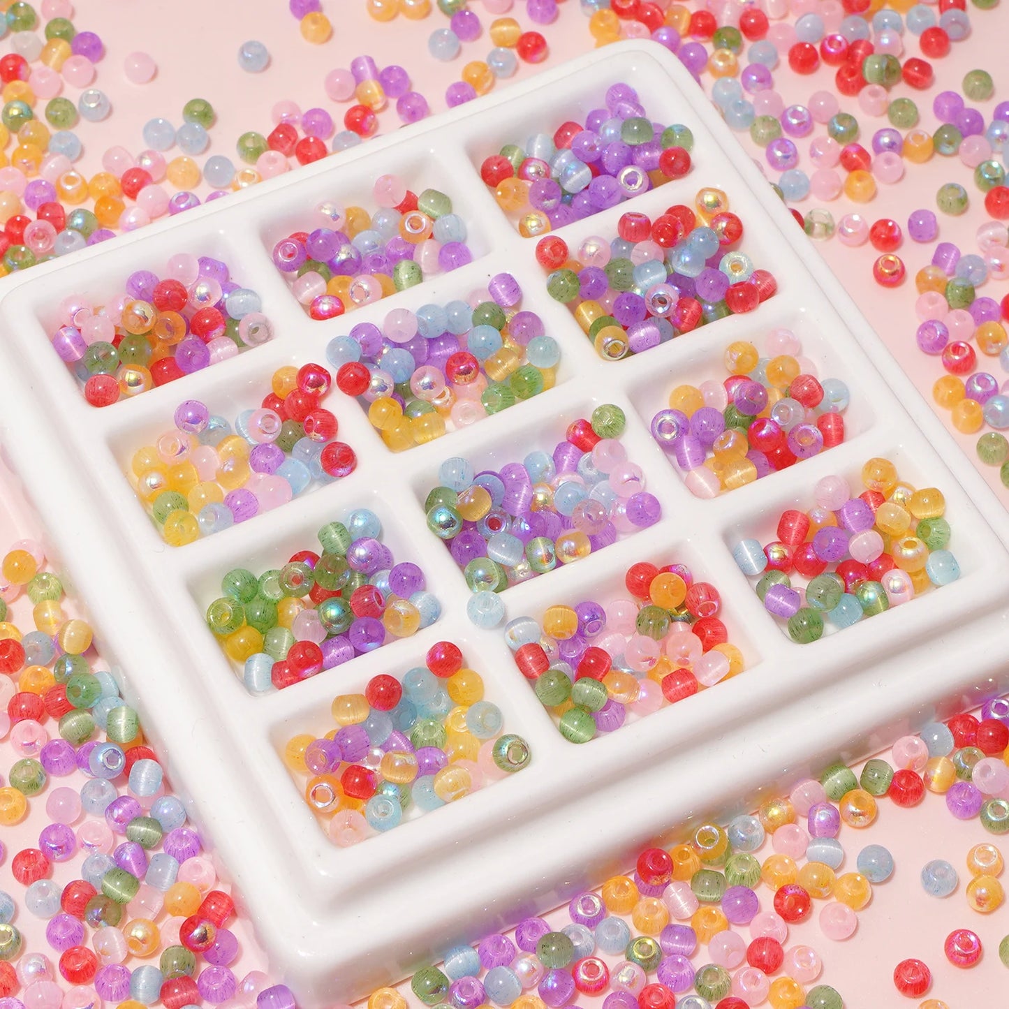 150 Cat Eye Glass Beads 4mm In Various Colors (blue, pink, yellow, green) For DIY Jewelry Making, Necklace Handicrafts, Bead Emb