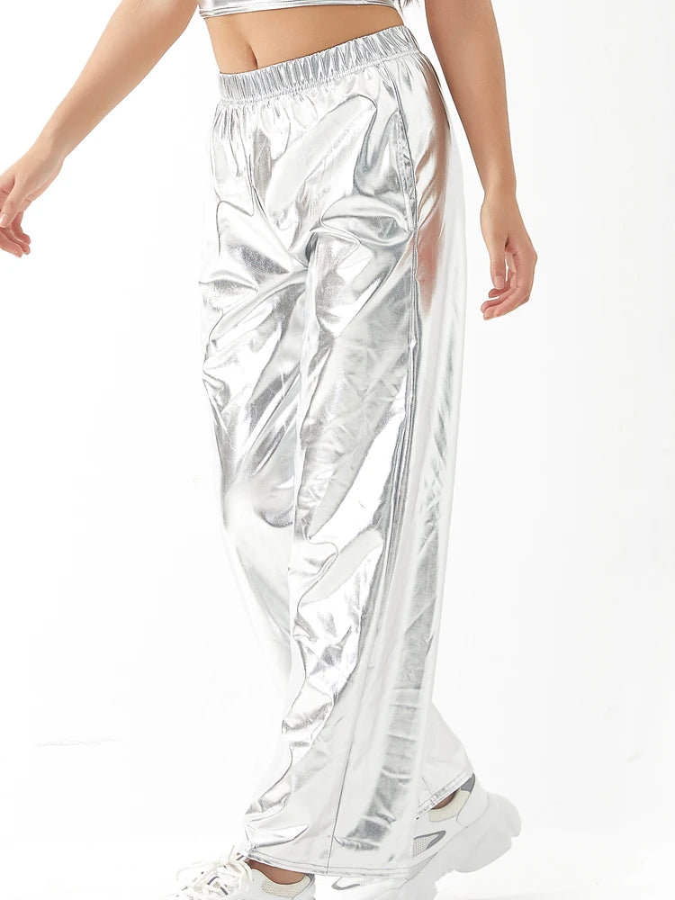 Women Adult Shiny Straight Leg Pants Casual High Waist Metallic Pants Super Long Holographic Pants Disco Bottoms Viralgem Store