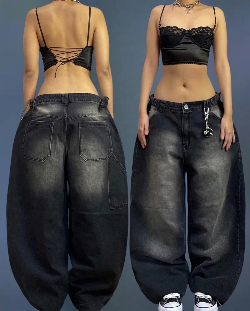 Y2K New Harajuku Fashion Black Washed Old Baggy Jeans Women Street Trend Vintage Hip Hop Gothic High Waist Wide Leg Wide Pants
