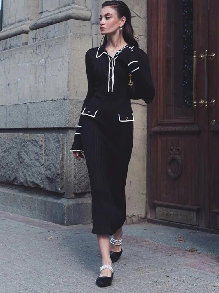 TARUXY High Waist Ruffled Maxi Dresses For Women Autumn Winter Knitted Slim Long Dress Women's Vintage Dress Woman Retro Elegant Viralgem Store