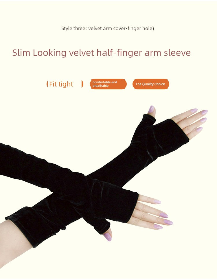 Women's Velvet Open Finger Black Oversleeve Leather Gloves