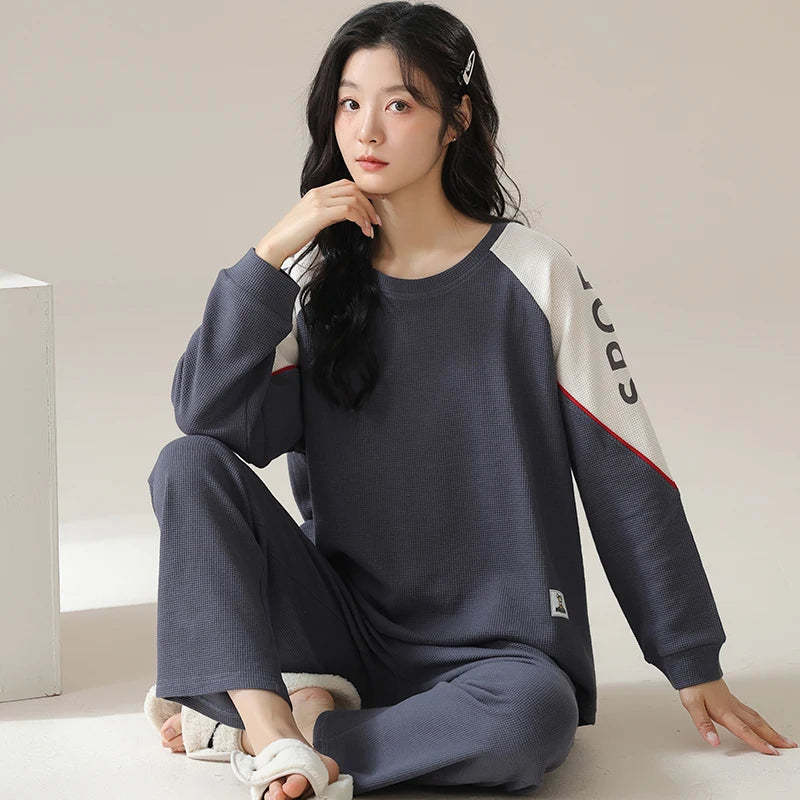 SUKAE Waffle Cotton Korean Minimalist Style Women Pajamas Spring Autumn Long Sleeves Lady Sleepwear Kawaii Round Neck Homesuits