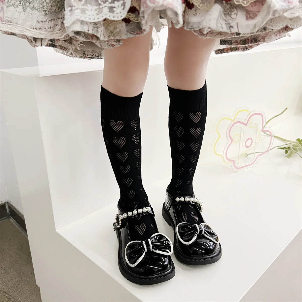 1/4 pairs of girls' dopamine heart hollow  mesh straight socks, lightweight  breathable heart mesh socks, women's long tube