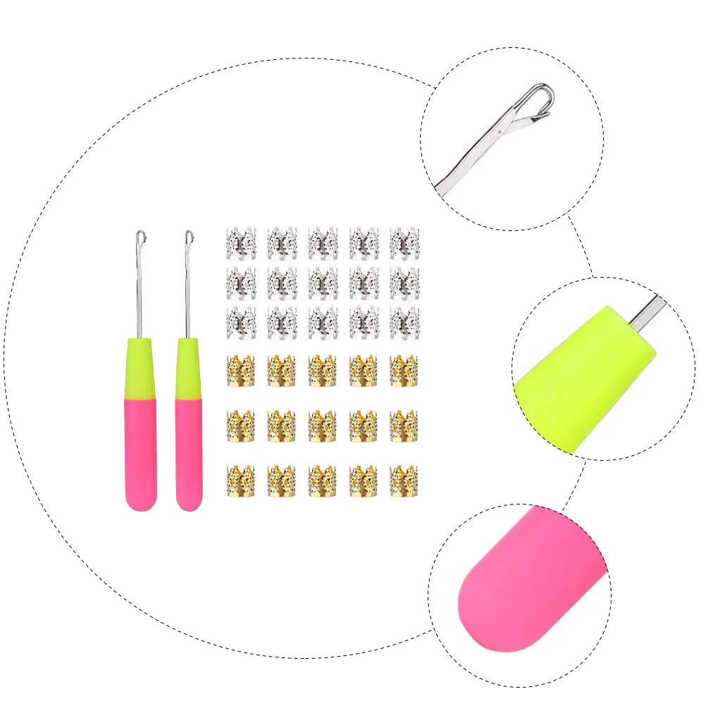 32 Pcs Crown Hair Buckle Set Dreadlocks Kit Braid Needle Crochet Buckles Ring Decors Metal Tool