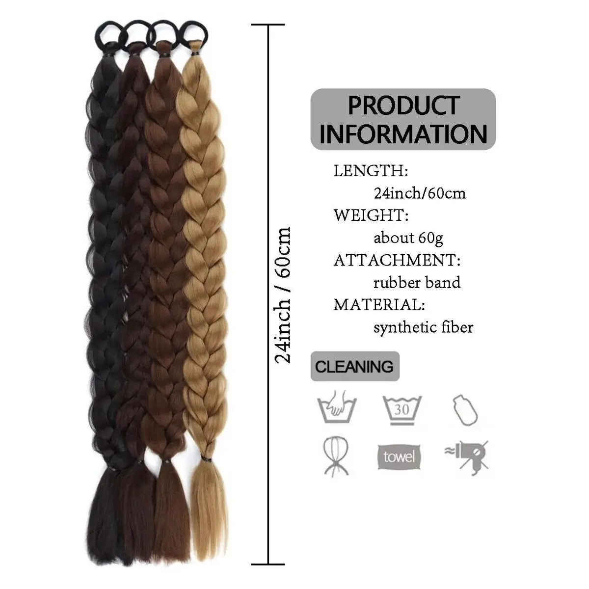 24 Inch Long Black Synthetic Braided Ponytail Hair Extension with Rubber Band for Women Hair Accessories Boxing Braids