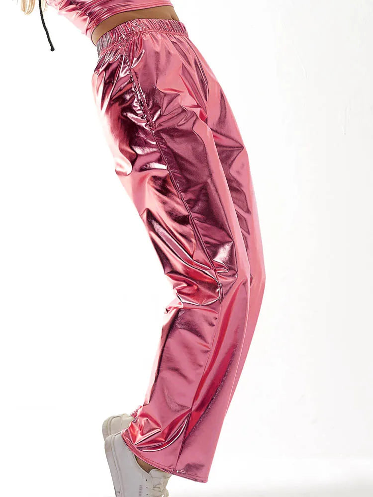Women Adult Shiny Straight Leg Pants Casual High Waist Metallic Pants Super Long Holographic Pants Disco Bottoms Viralgem Store