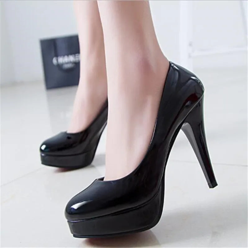 Women Pumps Fashion Classic Patent Leather High Heels Shoes Nud Head Paltform Wedding Women Dress Shoes Plus Size 34-42
