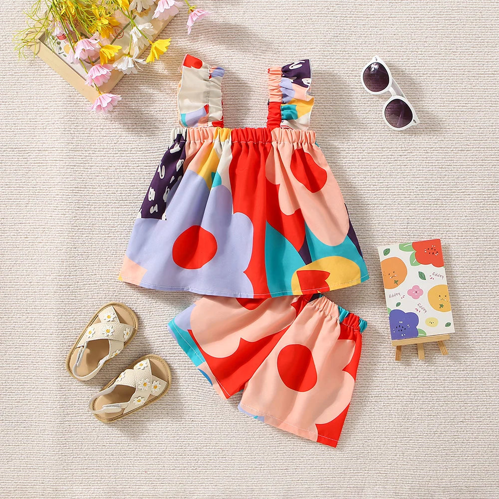 2PCS Summer New Girl Flower Strap Top+Shorts Two Piece Set Suitable for 0-3 Year Old Babies Viralgem Store
