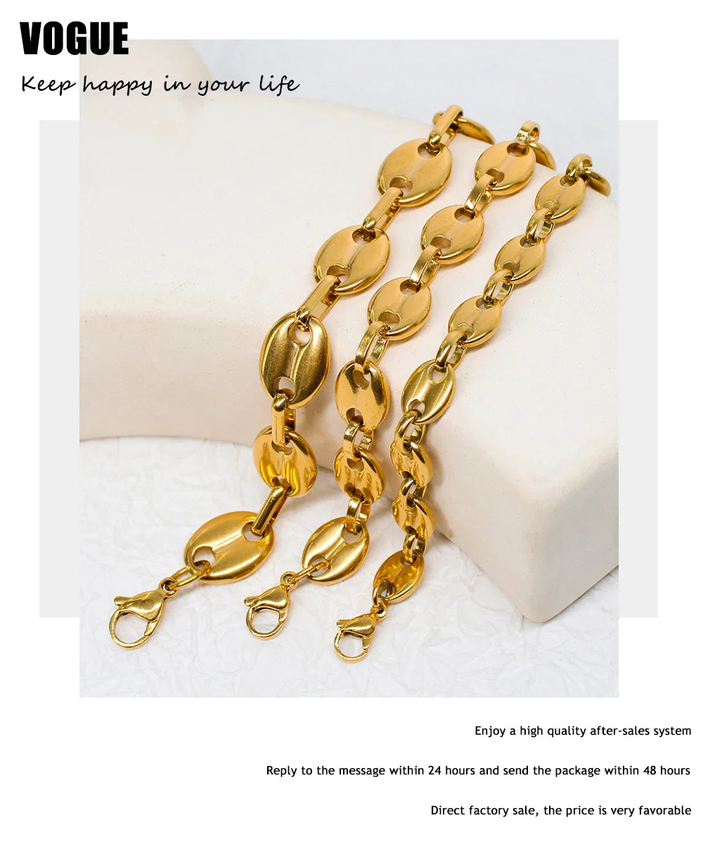 USENSET Coffee Bean Stainless Steel Bracelet Waterproof Link Chains 8-11MM Handmade Jewelry Gold Color Gifts 7-34inch