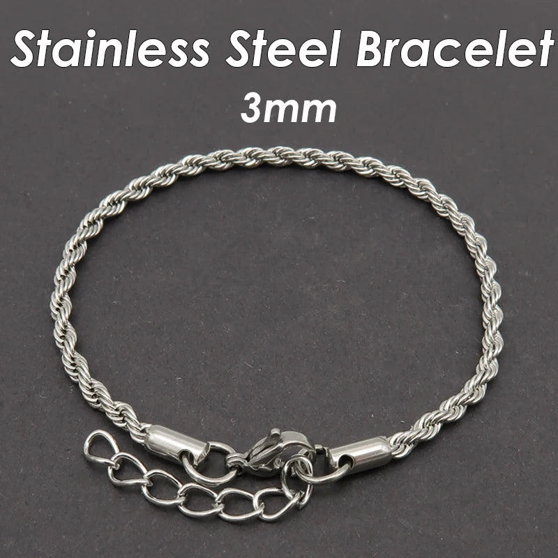10 Pieces 3mm 5mm Rope Bracelet Stainless Steel Gold Color Rope Chain Bracelet for Men or Women