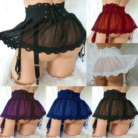 Women's Sexy Lingerie Plus Size Lace Garter Suspenders Transparent Underwear Mini Skirt Waist Belt For Stockings Bondage Garters