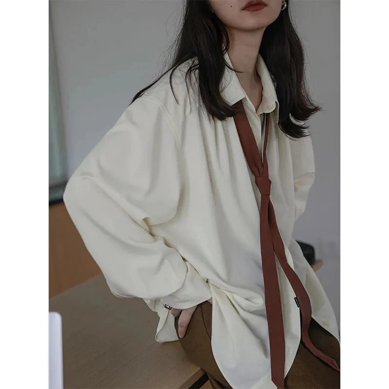 2025 Summer Minimalist Long Sleeve Button Up Shirt Women Korean Style Solid Tie Oversize Shirts Blouse Loose Clothes Autumn Tops