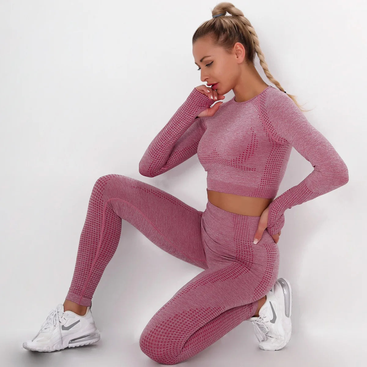 Women Seamless Gym Set Long Sleeve Top High Waist Belly Control Sport Leggings Gym Clothes Seamless Sport Suit Sexy Booty Girls Viralgem Store