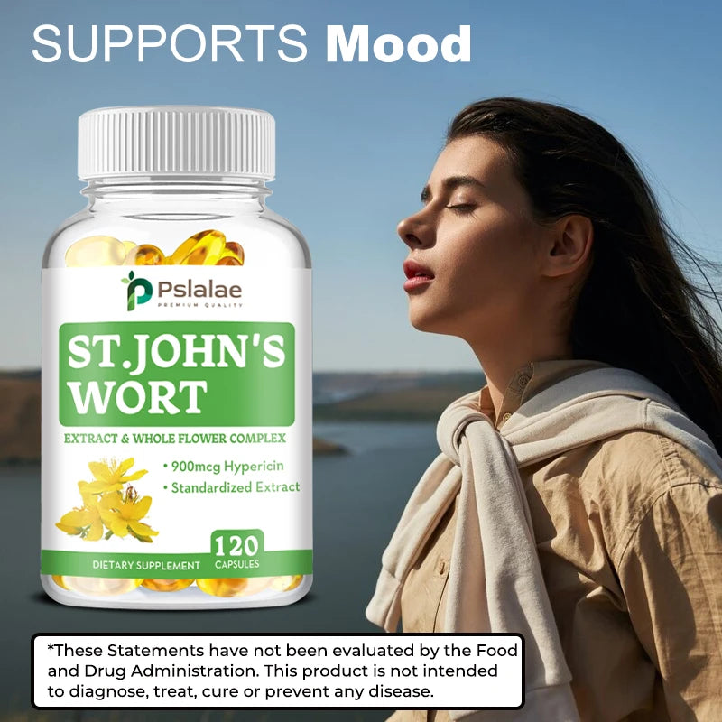 St. John's Wort Supplement  - Promotes Mental Health, Relieves Stress and Anxiety, Positive Mood - 120 Capsules