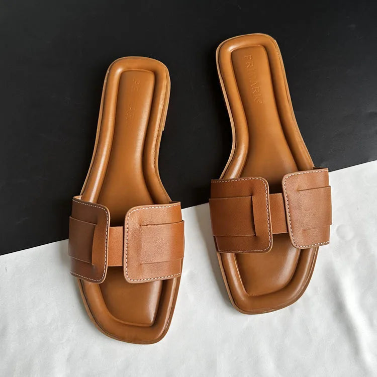 2024 Women Modern Slippers Summer Outdoors Comfortable Flat Slippers Luxury Leather Slippers Casual Slides Shoes Females Sandals