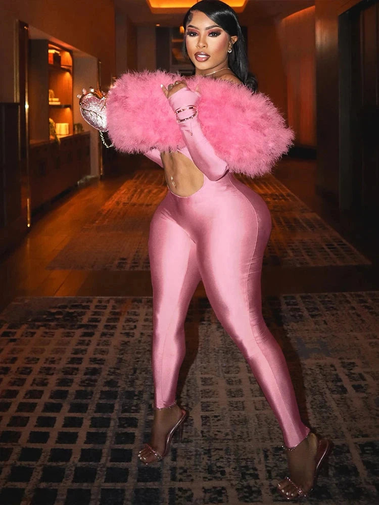 Weird Puss Furry Slash Neck Jumpsuits Woman Luxury Hipster Patchwork Trend Sexy Hollow Stretch Fitness Club Activity Overalls Viralgem Store