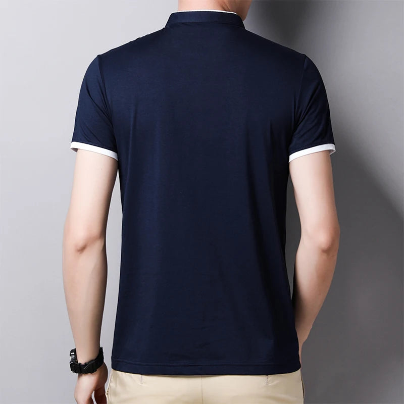 2025 New Men's Casual and Fashionable Solid Color Short Sleeved Stand Up Collar T-shirt Summer Versatile and Comfortable Top