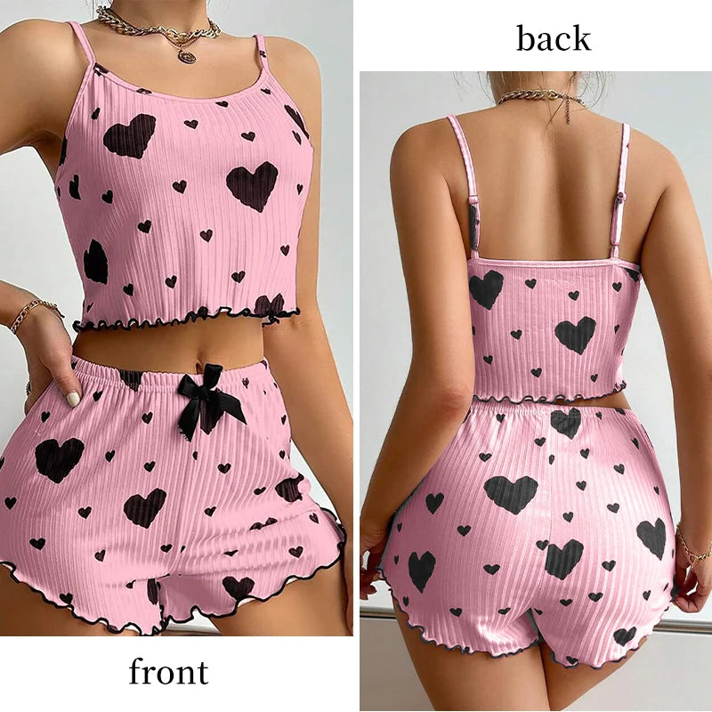 Women's Pajamas Set Sleepwear 2 PCS Short Tank Tops And Shorts S M L White Ventilate Soft Casual Love Printing Viralgem Store