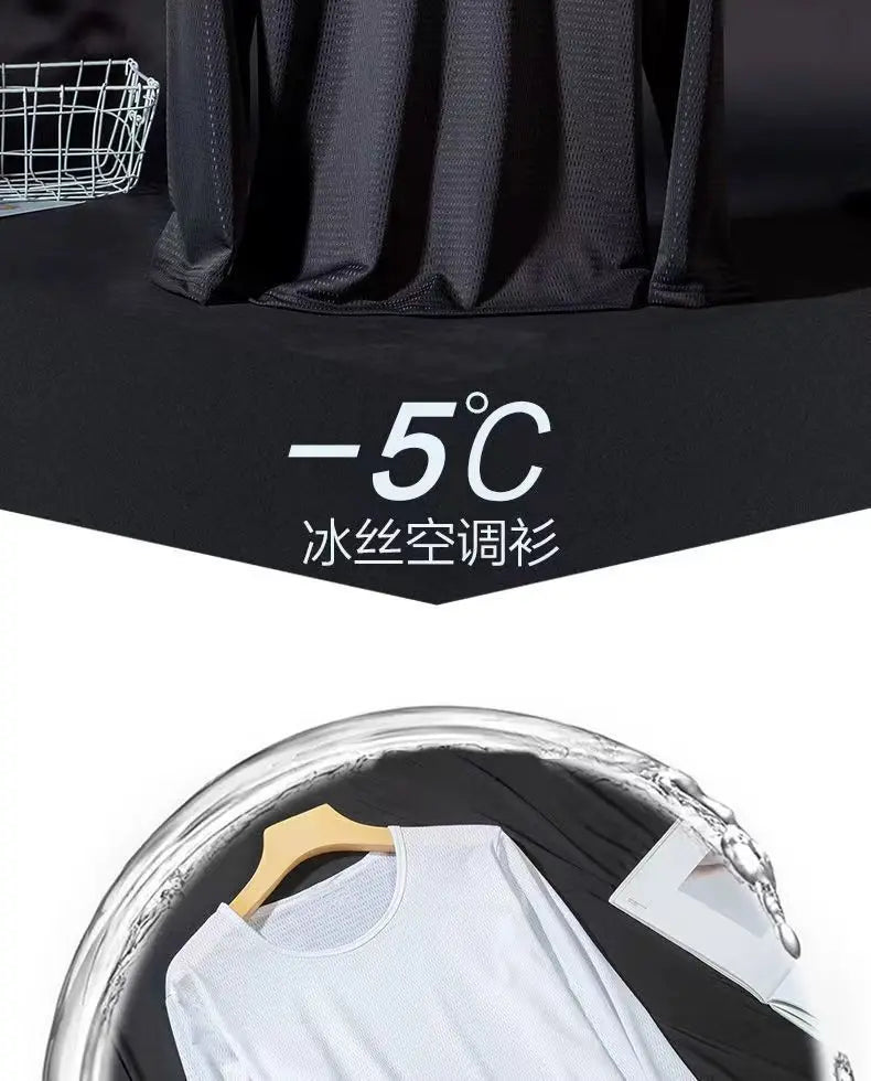 Summer Ice Silk T-shirt Men's Cold Short Sleeve O-neck Stretch Quick-drying Breathable Sports Shirt T Shirt Men Cool Down Tops