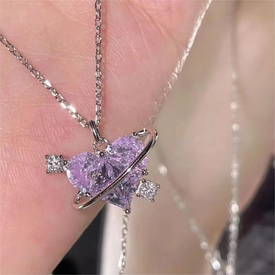 Y2K Pink Planet Heart Zircon Pendant Necklaces Women Fashion Aesthetic Clavicle Chain Necklace Valentines Day Gift Party Jewelry Viralgem Store