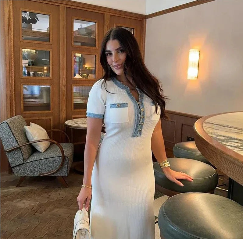 2024 New Summer Elegant Women Knitted Maxi Dress Chic O-neck Short Sleeve Denim Patchwork Bodycon Dresses Office Lady Robe Viralgem Store