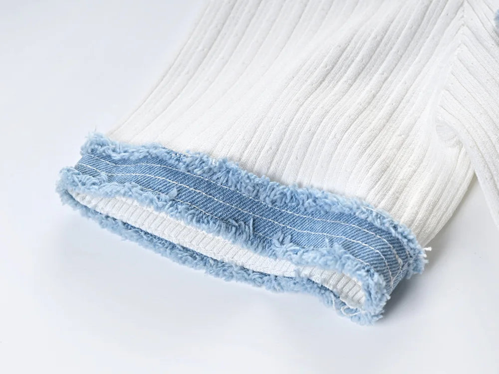 2024 New Summer Elegant Women Knitted Maxi Dress Chic O-neck Short Sleeve Denim Patchwork Bodycon Dresses Office Lady Robe Viralgem Store