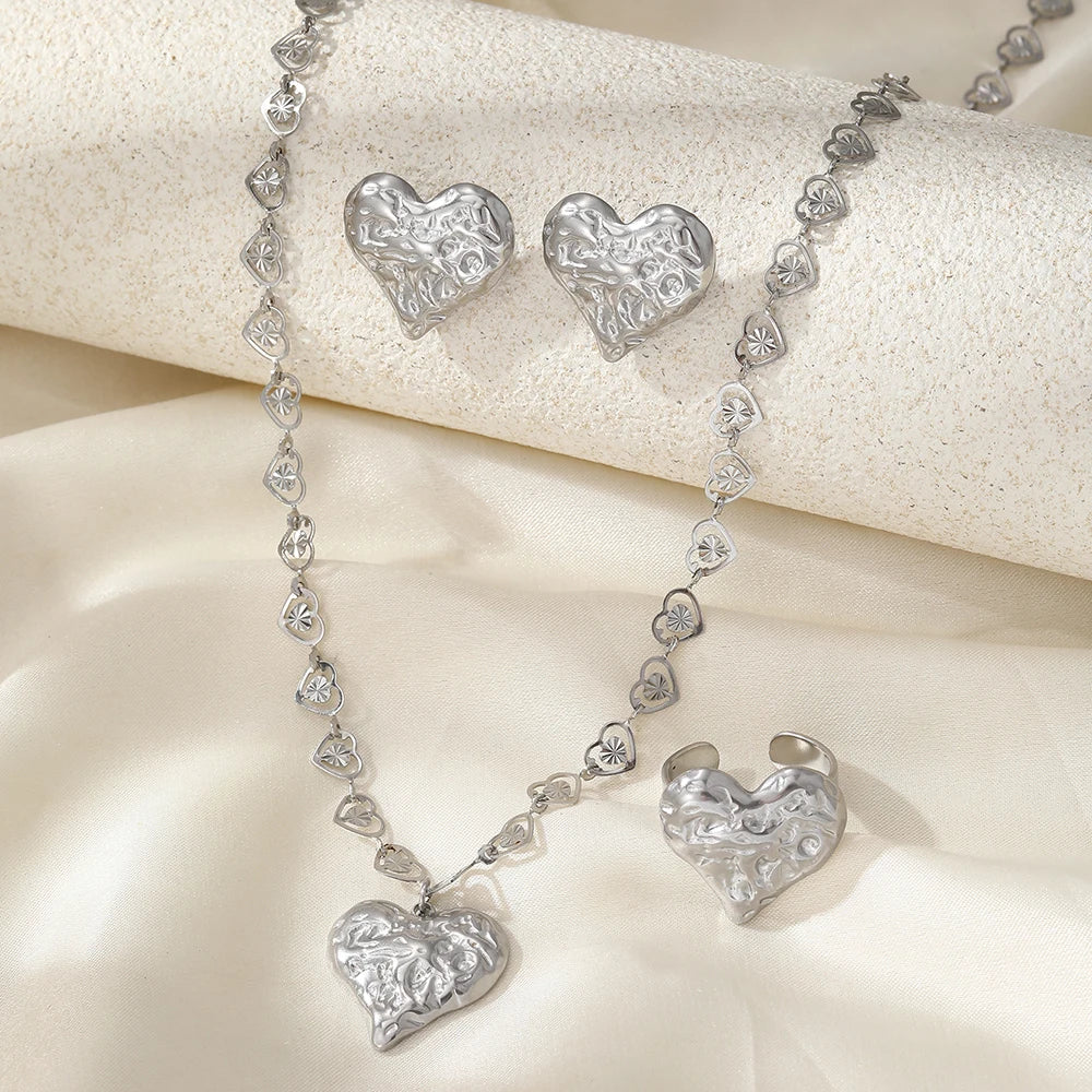 Stainless Steel Jewelry Set Earrings Necklace Ring Peach Heart Decoration Open Heart Chain Fine Jewelry Set For Women Jewelry