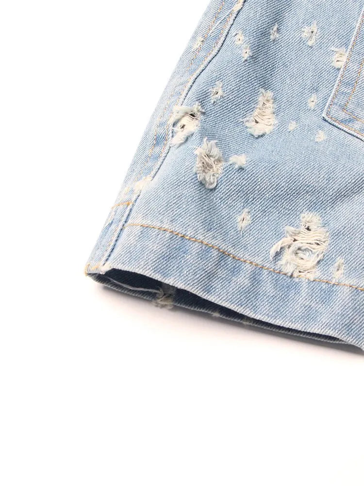 TWOTWINSTYLE Denim Hollow Out Dresses For Women Round Neck Sleeveless Tunic Patchwork Pockets Vintage Dress Female Fashion Style