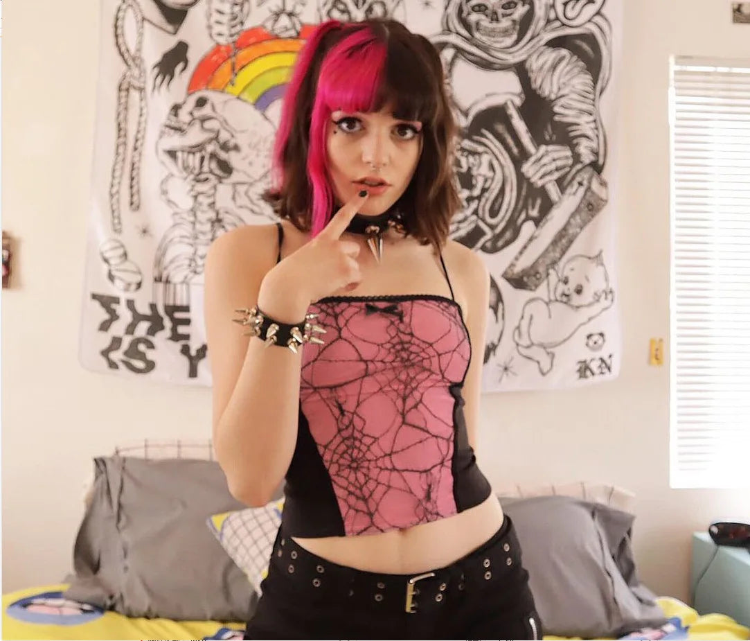 2024 Vintage Gothic Cami Tops Women Mesh Spider Net Lace Tank Vest Female Summer Sexy Club Crop Tops Harajuku 2000s clothes