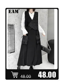 [EAM] Women Black Pu Leather Long Spaghetti Strap Dress New V-Neck Sleeveless Loose Fit Fashion Tide Spring Autumn 2024 JD03201