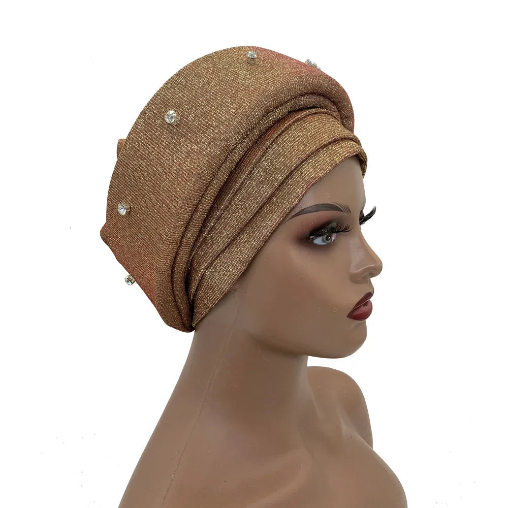 African Wrap Head Headgear Nigeria Auto Gele Headtie Turbante Mujer Luxury Rhinestone Turban Hat for Women Glitter