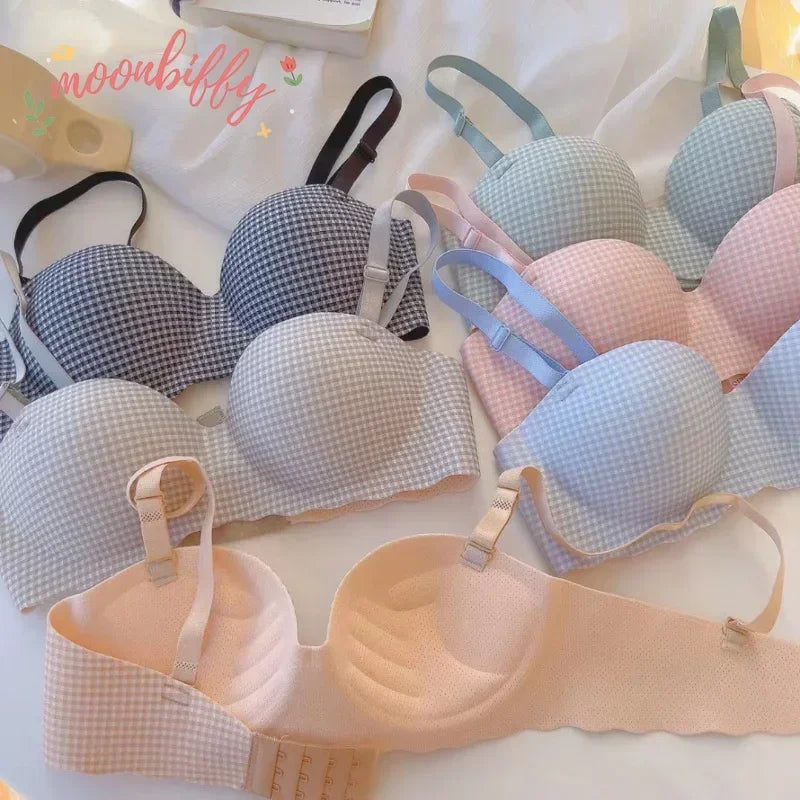 Women Ice Bra One Cup Thick Comfortable Without Steel Ring Lingerie Sexy Push Up Bralette Underwear Fashion Plaids Pattern Bra Viralgem Store